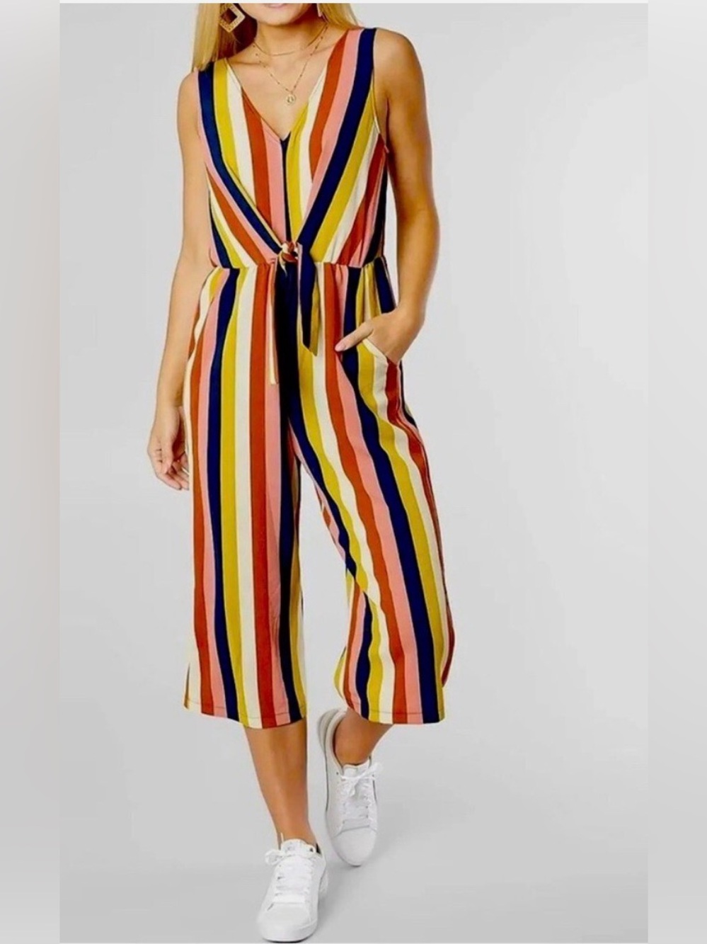 As U Wish Sleeveless Multi-Stripe Tie-Waist Jumpsuit